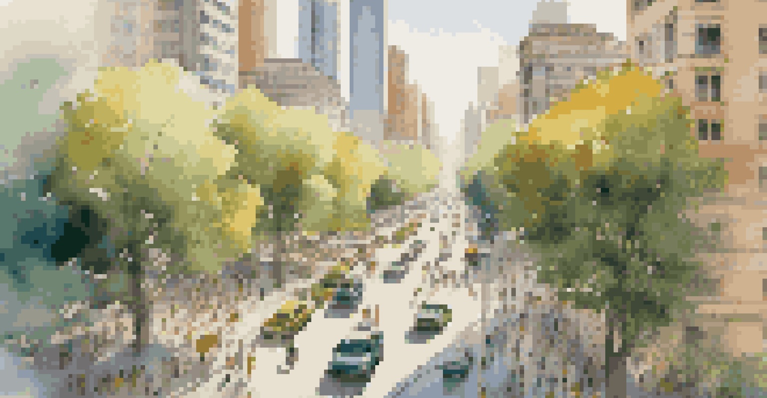 A lively urban scene from above, showing skyscrapers, busy streets, and a park filled with people.