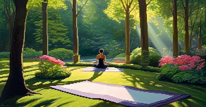 A person practicing yoga in a tranquil meditation garden filled with vibrant flowers and soft mossy paths under warm sunlight.