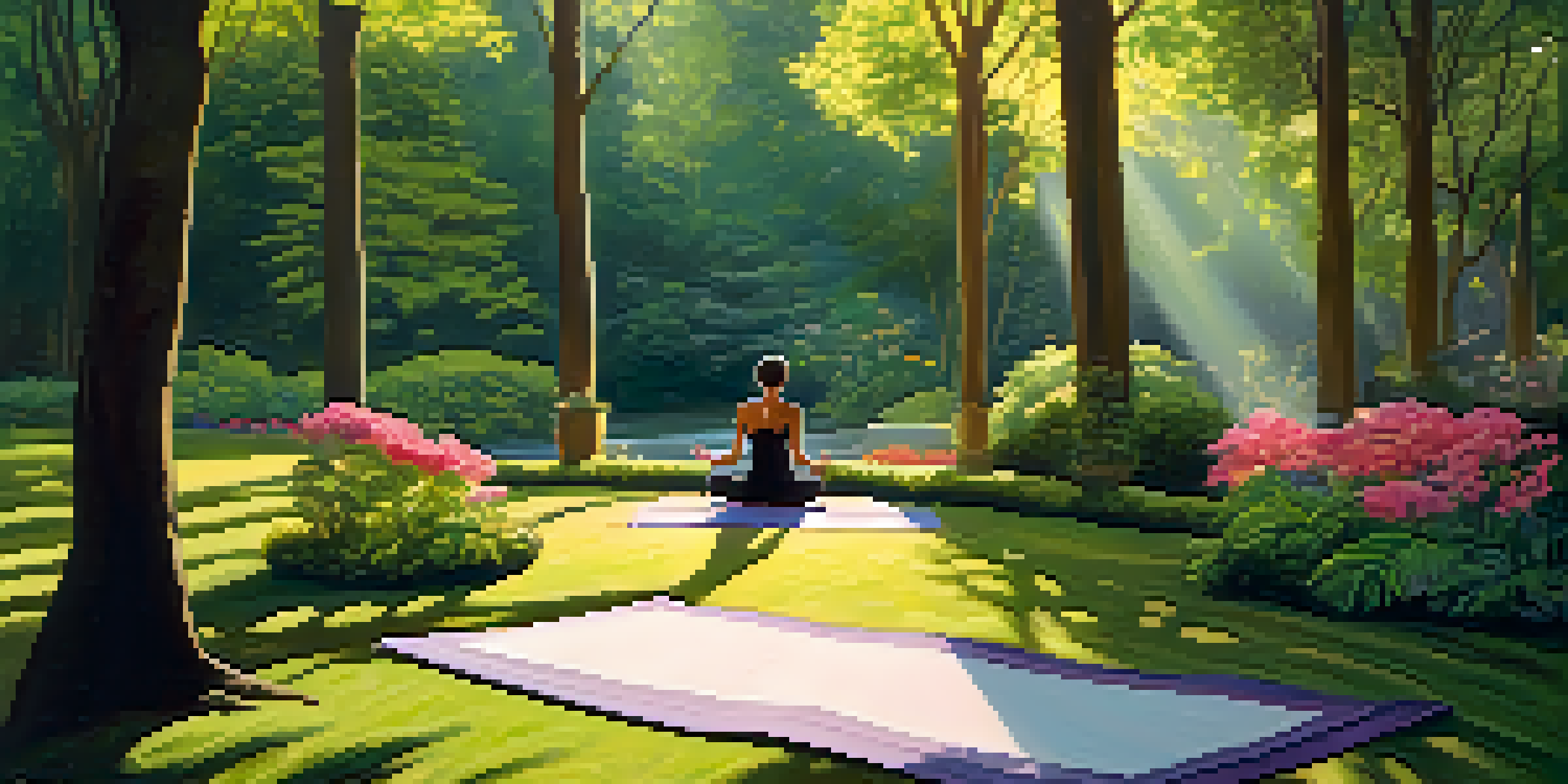 A person practicing yoga in a tranquil meditation garden filled with vibrant flowers and soft mossy paths under warm sunlight.