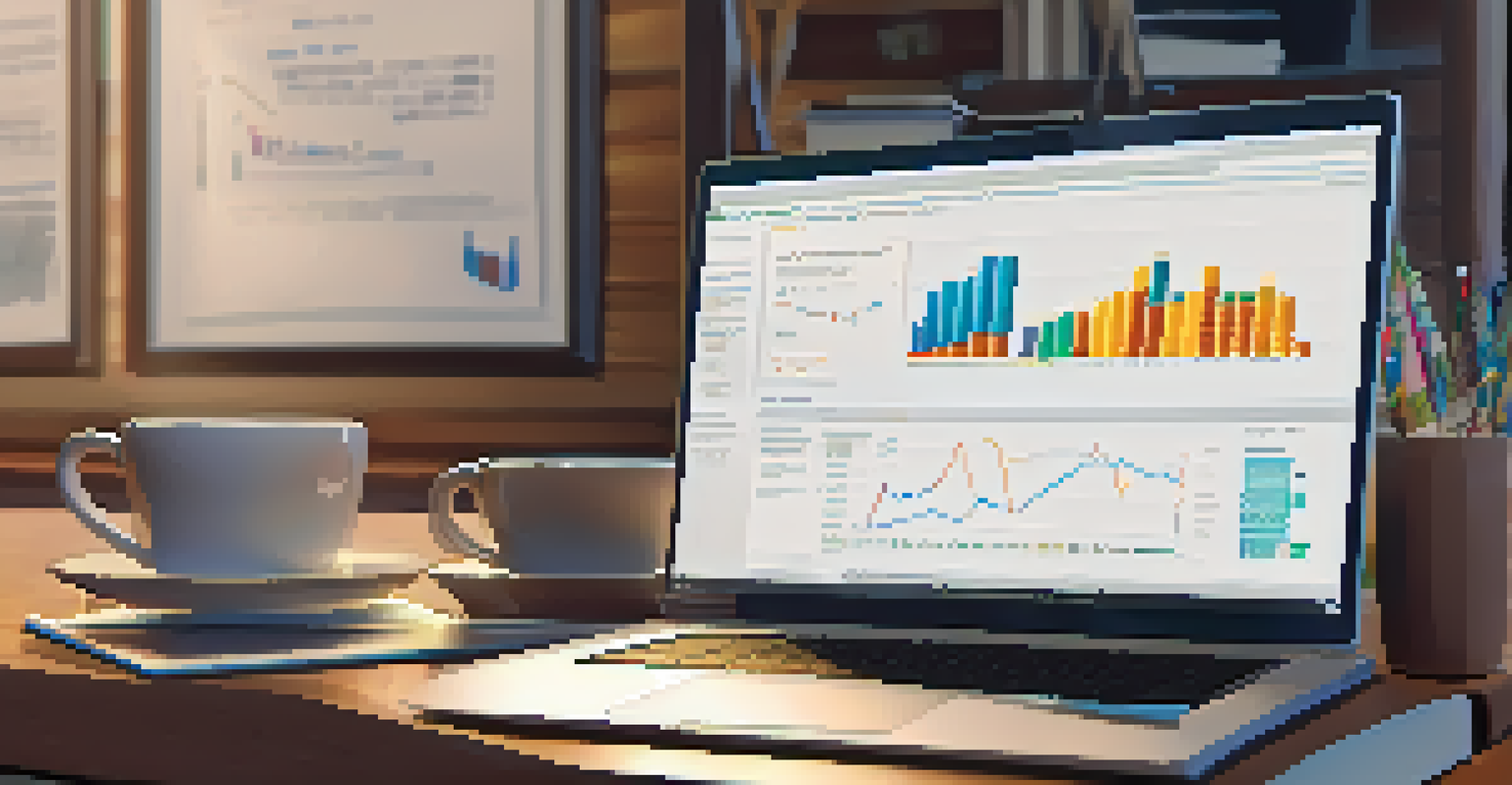 A study desk with books on REITs, a laptop displaying financial charts, and a coffee cup in a warm, inviting setting.