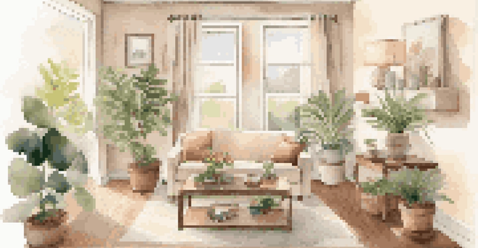 A cozy living room with a couch, coffee table, and home warranty document, illuminated by sunlight from a large window.