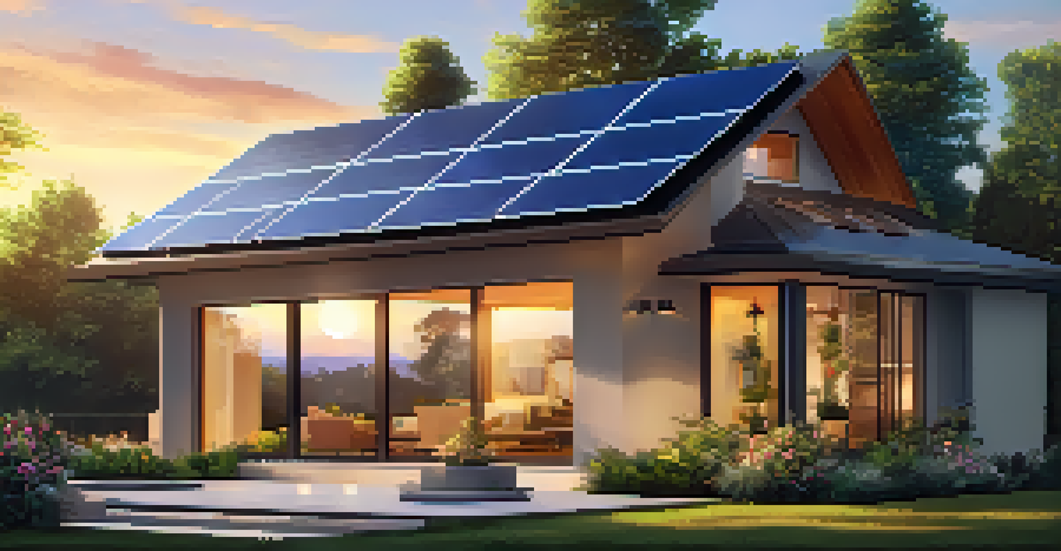 A modern home with a solar-powered HVAC system, surrounded by greenery and flowers, during sunset.