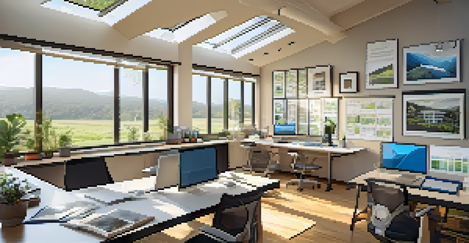 An architect's office showcasing blueprints and models of energy-efficient buildings, illuminated by natural light from a large window.