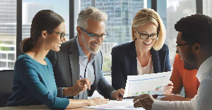 A closing agent reviews documents with a couple at a conference table, with sunlight streaming in through a window.