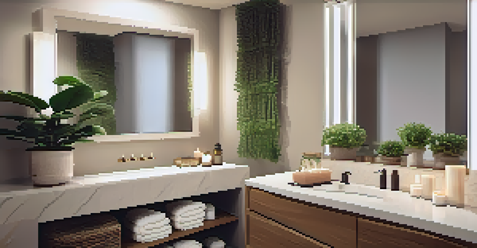 A serene bathroom with plush towels, scented candles, and a potted plant, creating a spa-like retreat atmosphere.
