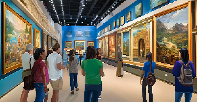A colorful virtual museum tour with visitors interacting with exhibits and a trivia game displayed on a screen.