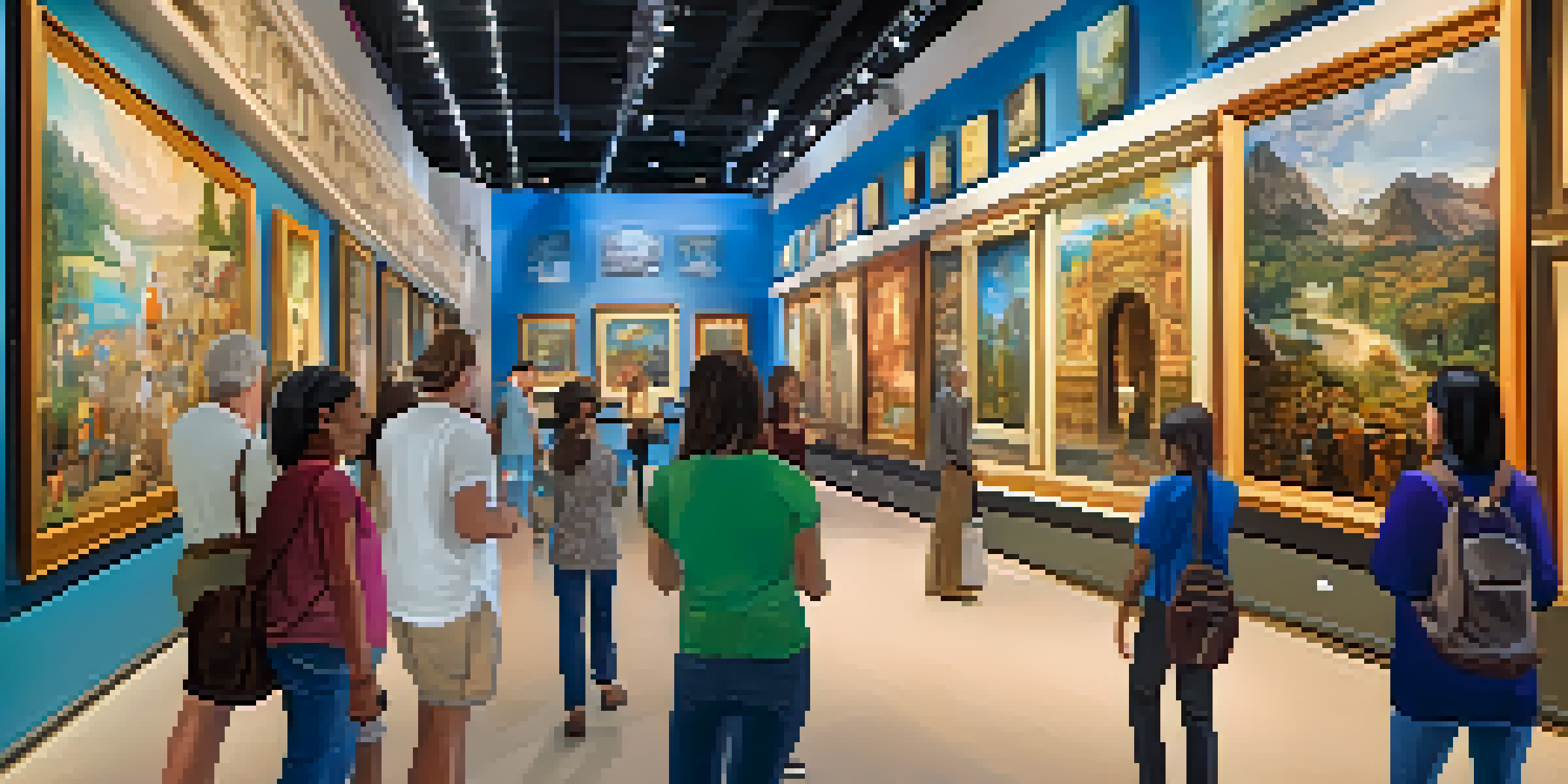 A colorful virtual museum tour with visitors interacting with exhibits and a trivia game displayed on a screen.