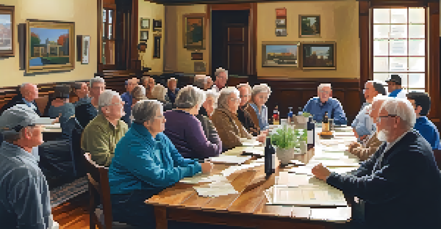 A community meeting in a historic building, focused on renovation discussions with diverse participants.