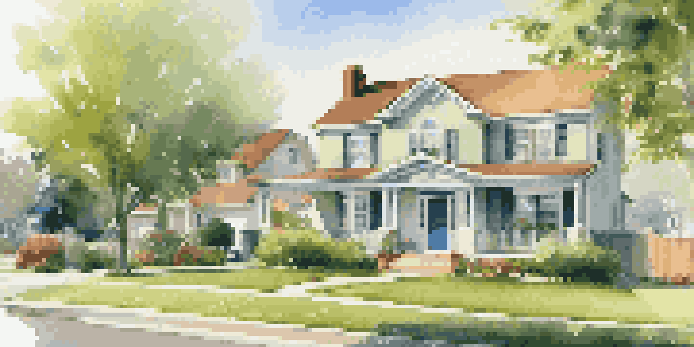 A suburban neighborhood with houses and people discussing real estate financing.