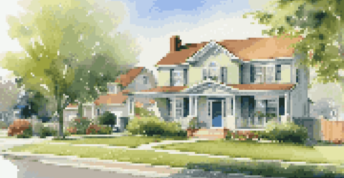 A suburban neighborhood with houses and people discussing real estate financing.