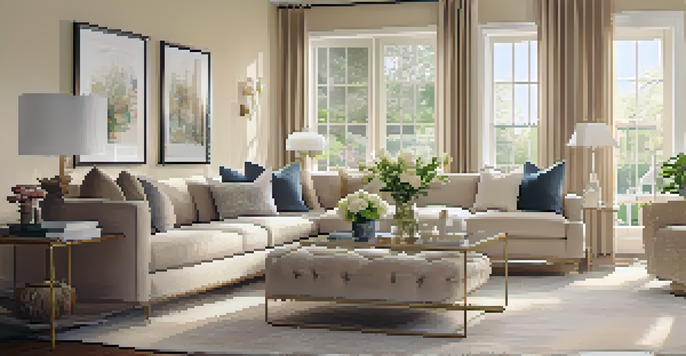 A cozy and inviting living room staged with neutral colors, modern furniture, and fresh flowers, illuminated by natural light.