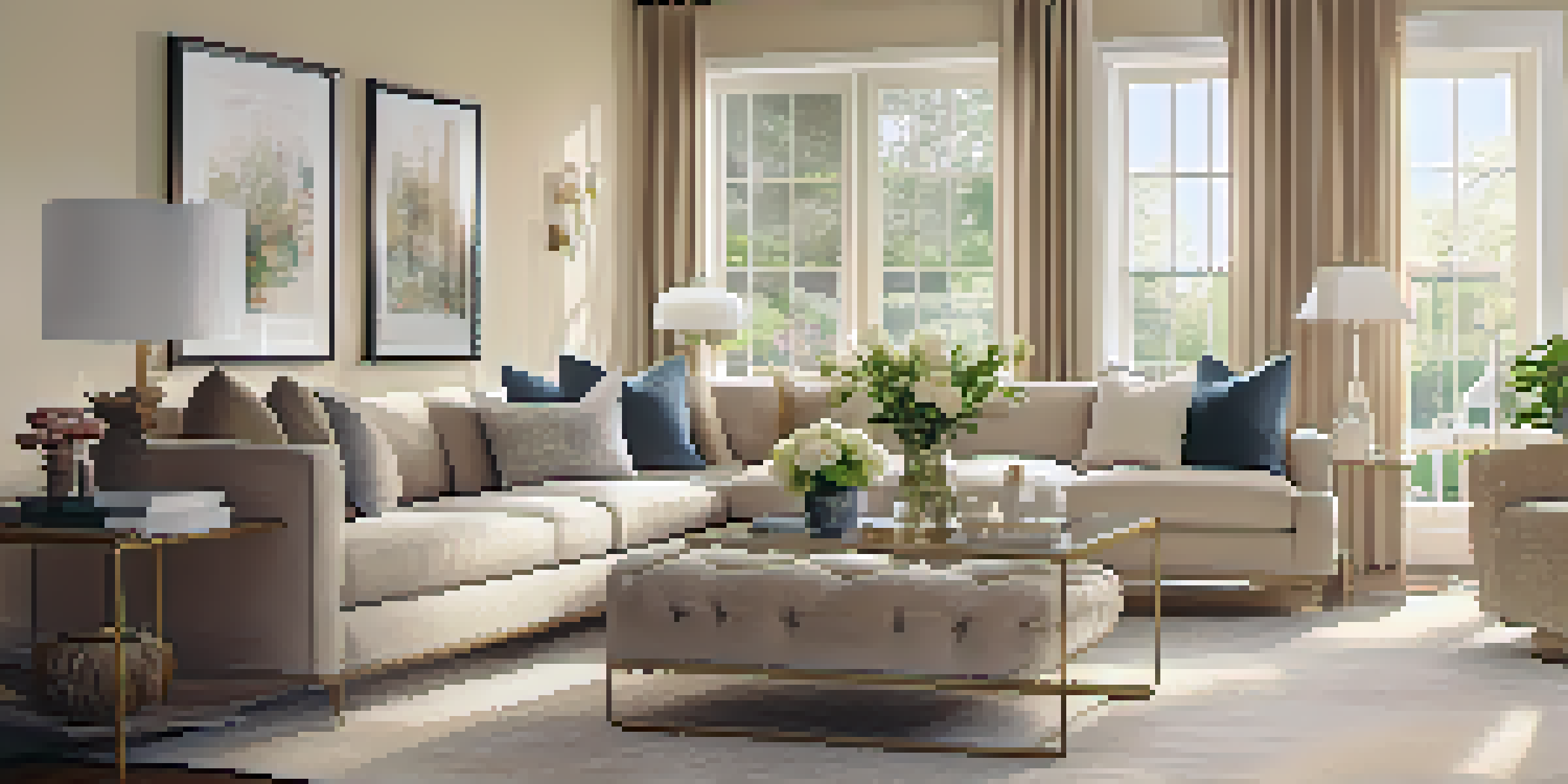 A cozy and inviting living room staged with neutral colors, modern furniture, and fresh flowers, illuminated by natural light.
