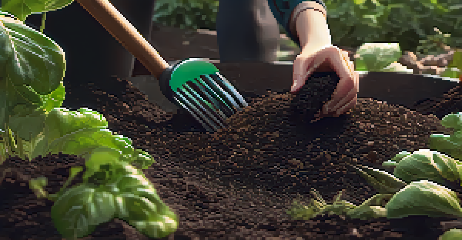 A close-up of a hand using a pitchfork to mix compost materials consisting of dark soil, green scraps, and brown leaves, with a garden in the background.
