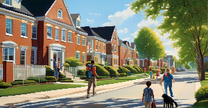 A family walking a dog in a beautiful suburban neighborhood with houses and a school in the background.