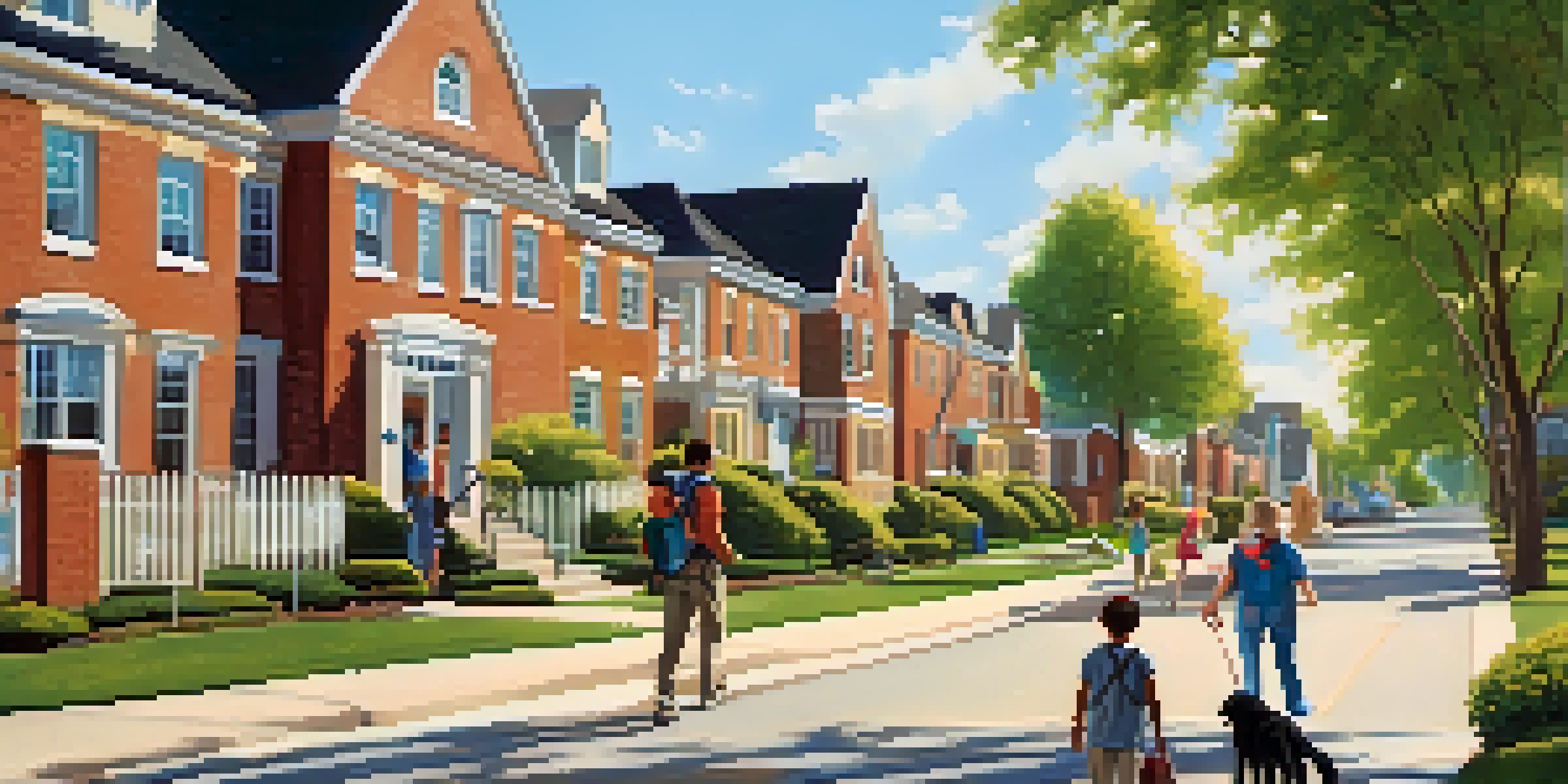 A family walking a dog in a beautiful suburban neighborhood with houses and a school in the background.