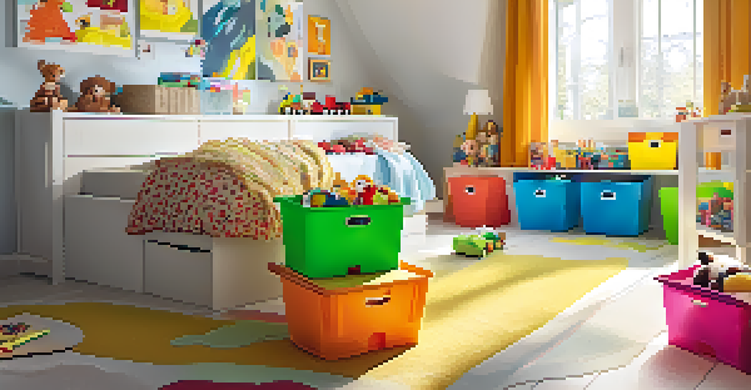 A bright children's playroom with colorful under-bed storage bins filled with toys and a child organizing them.
