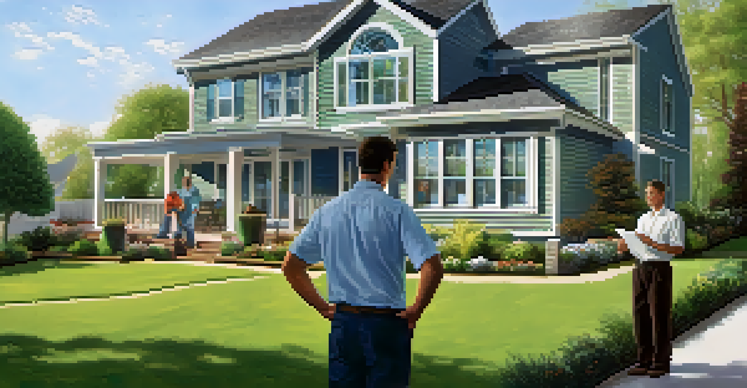 A contractor and homeowner discussing plans for a deck in a sunny backyard.