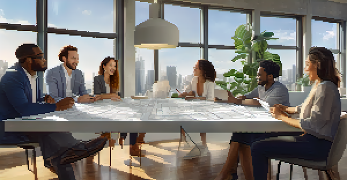A diverse group of people discussing real estate crowdfunding with blueprints and documents on a table.
