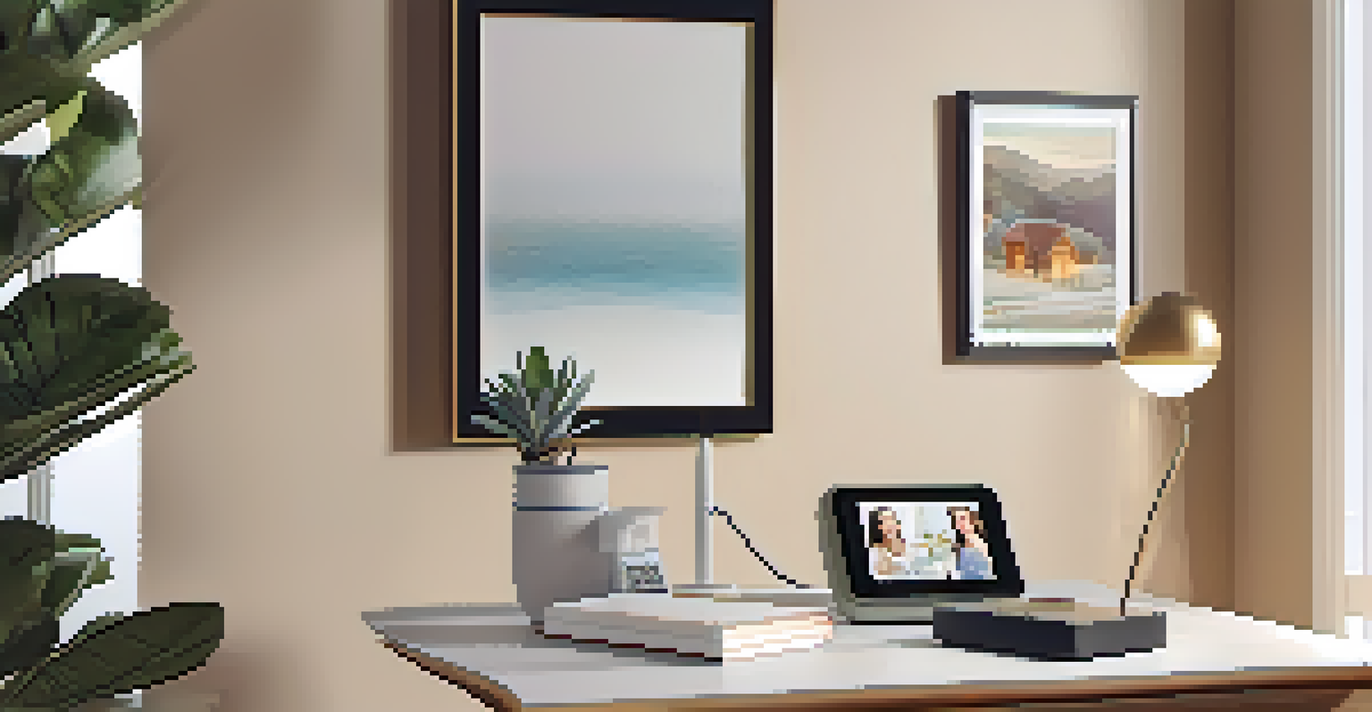 A warm and inviting entryway with a virtual assistant device on a table, framed family photos on the walls, and soft lighting enhancing the modern and functional design.