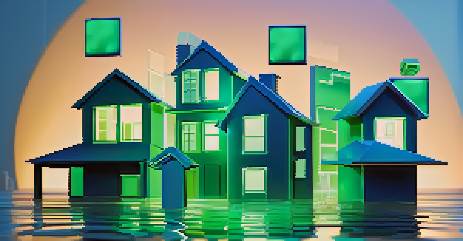 Digital marketplace for real estate featuring icons of houses and currency symbols.