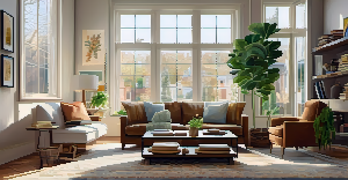 A cozy living room with a stylish sofa, large windows, and warm lighting, decorated with artwork and plants.