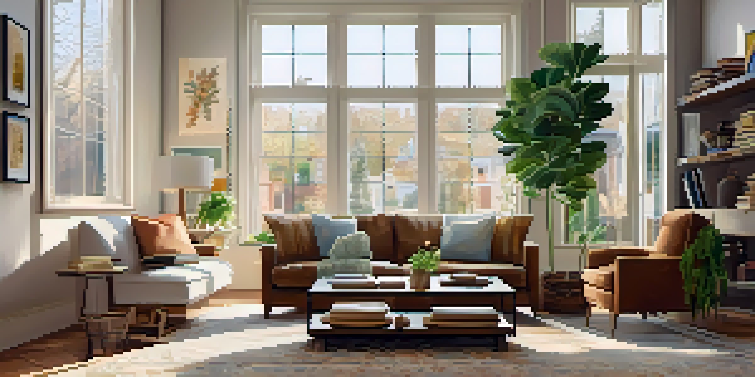 A cozy living room with a stylish sofa, large windows, and warm lighting, decorated with artwork and plants.