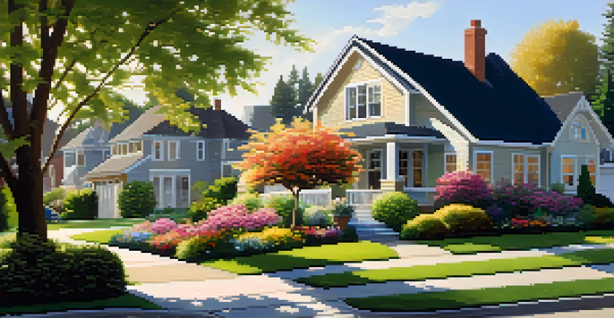 A local contractor and a homeowner discussing renovation plans in a sunny suburban neighborhood with diverse houses and colorful flowers.