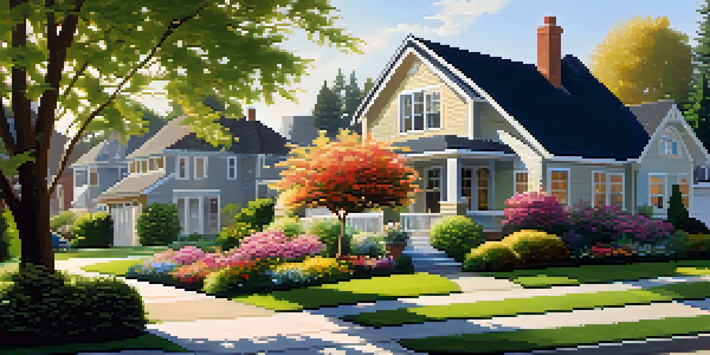 A local contractor and a homeowner discussing renovation plans in a sunny suburban neighborhood with diverse houses and colorful flowers.