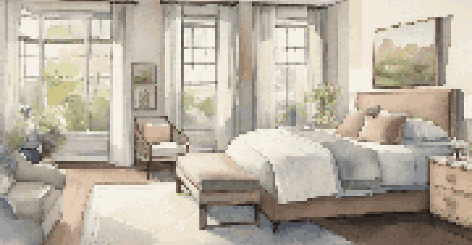 A serene bedroom with a large bed, bedside tables, and a window overlooking a garden, decorated in calming colors.