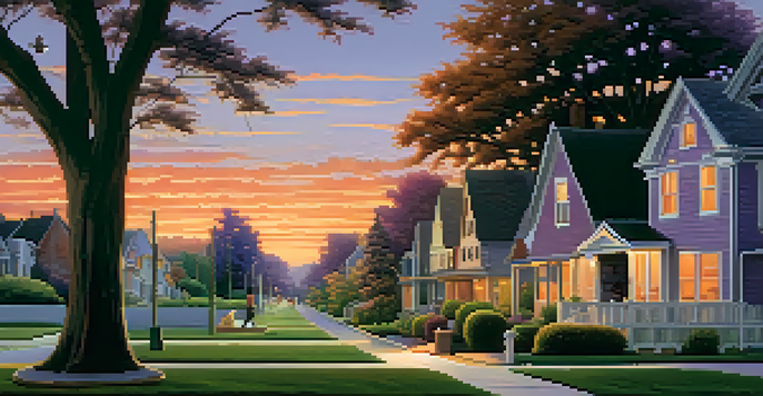 A picturesque neighborhood at dusk with houses, gardens, and a family walking a dog under a colorful sky.