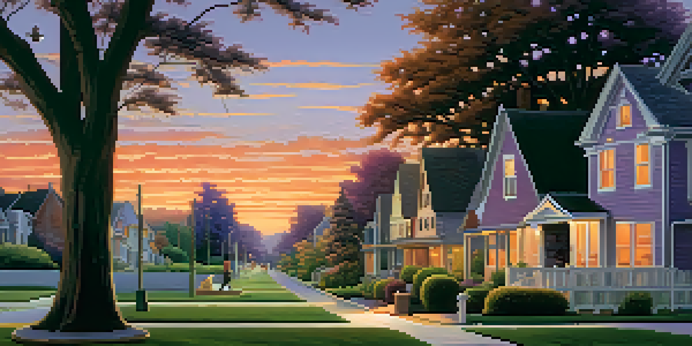 A picturesque neighborhood at dusk with houses, gardens, and a family walking a dog under a colorful sky.