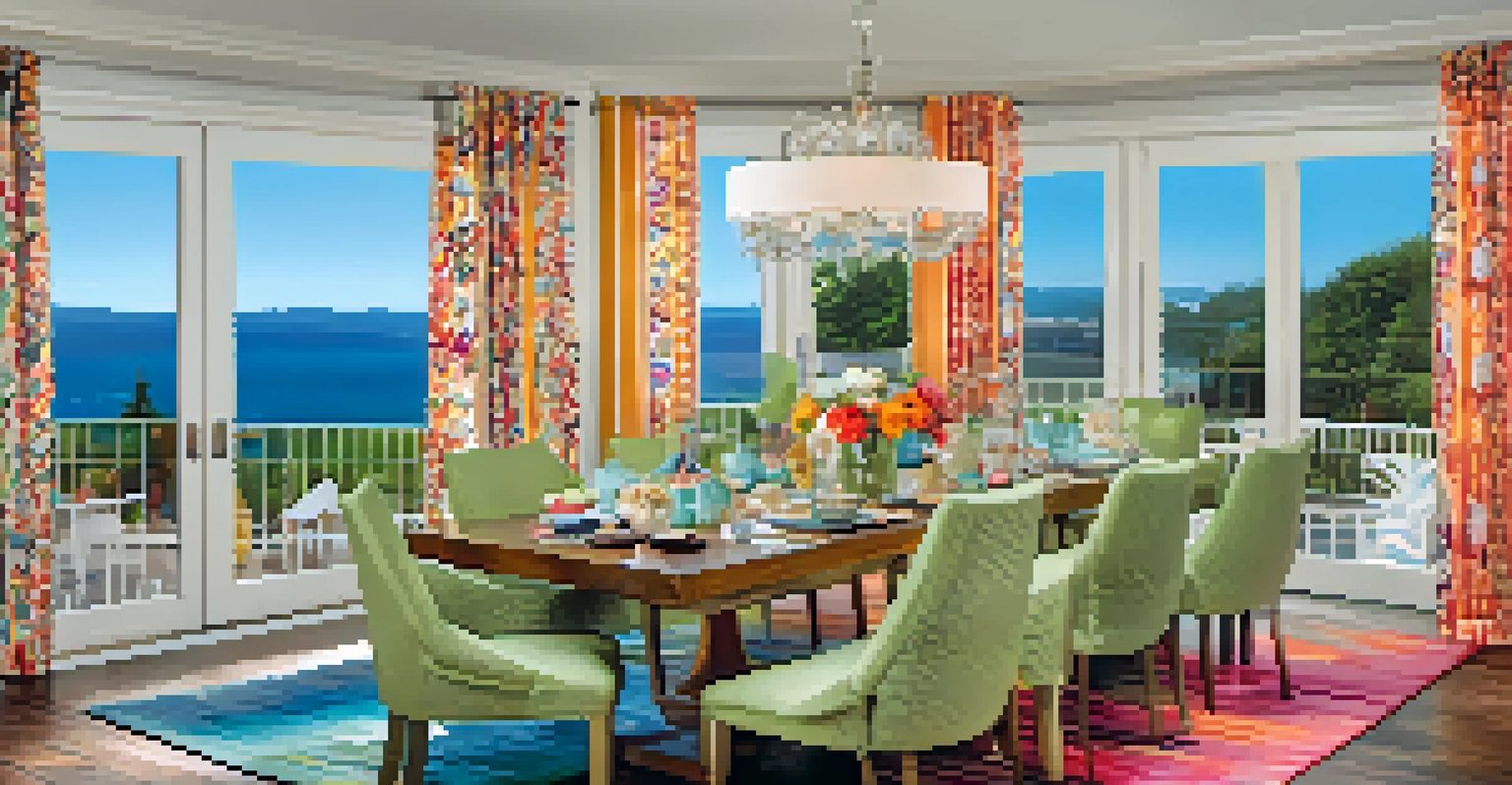A vibrant dining area with colorful placemats, bright table runners, and contrasting chair upholstery under a glowing chandelier.