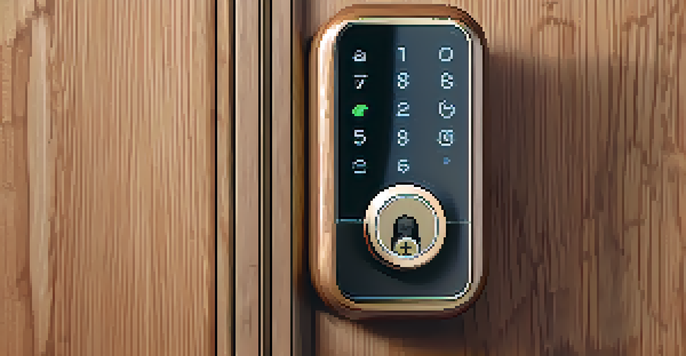 A close-up of a smart lock on a wooden door with a smartphone displaying the unlocking app.