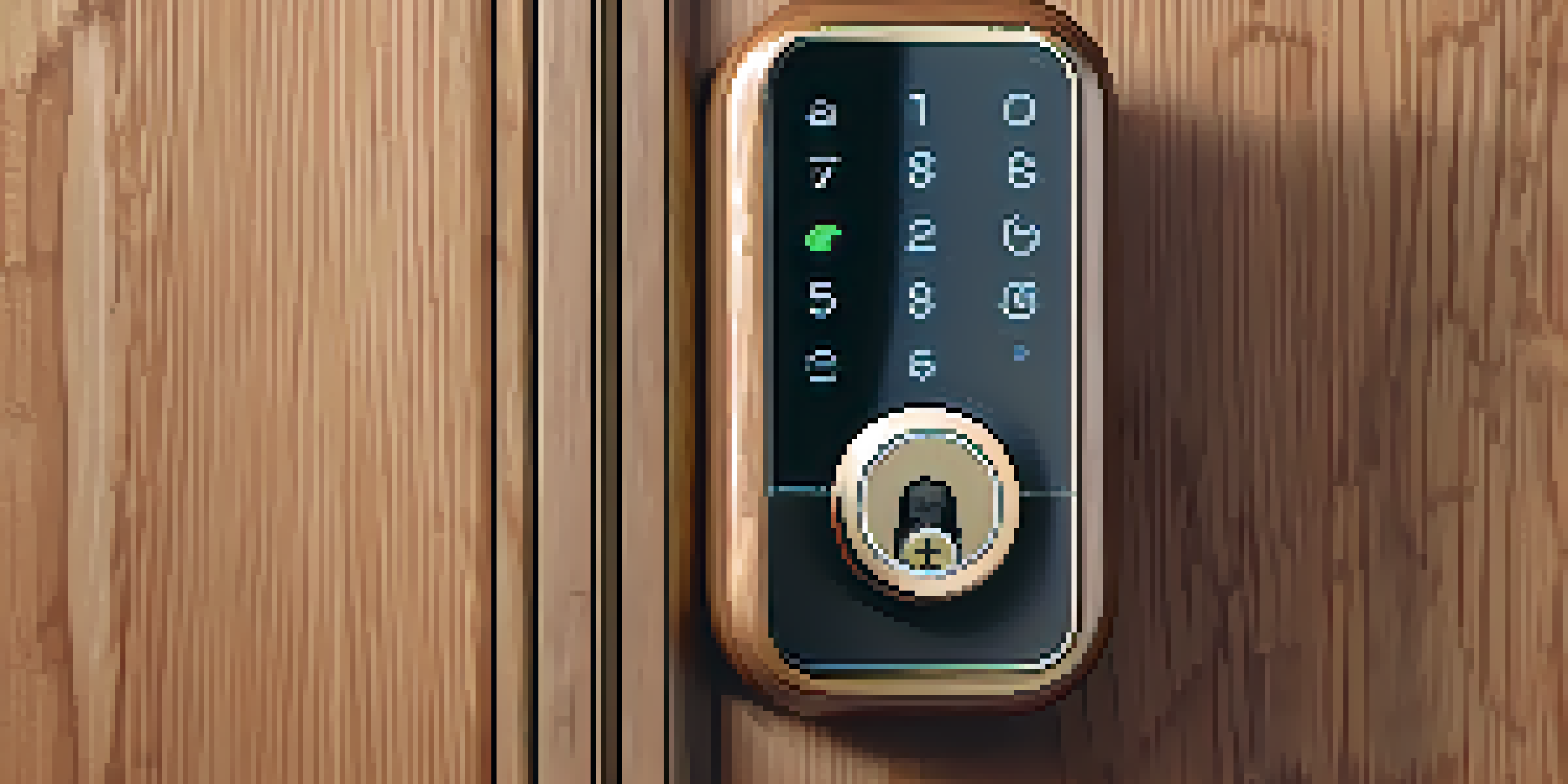 A close-up of a smart lock on a wooden door with a smartphone displaying the unlocking app.