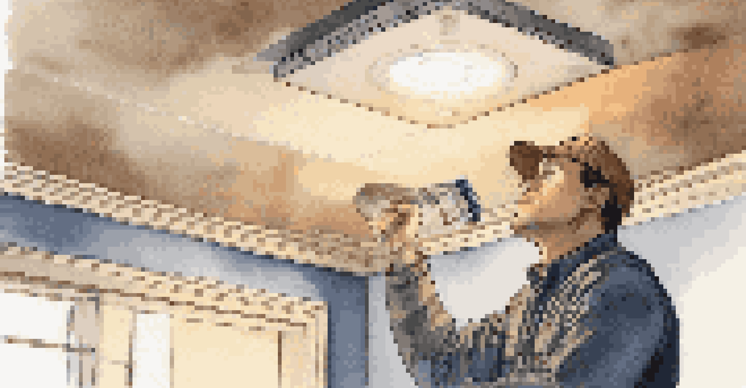 A home inspector closely examining a ceiling with a flashlight, looking for signs of water damage.