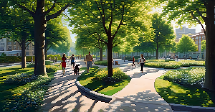 A peaceful urban park showcasing various trees and colorful flowers, with sunlight creating patterns on the path. People are enjoying the space, walking dogs and playing.