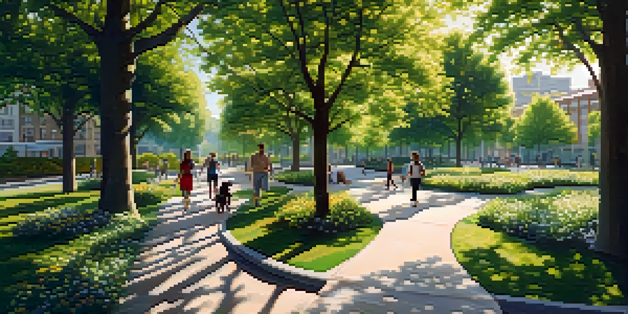 A peaceful urban park showcasing various trees and colorful flowers, with sunlight creating patterns on the path. People are enjoying the space, walking dogs and playing.
