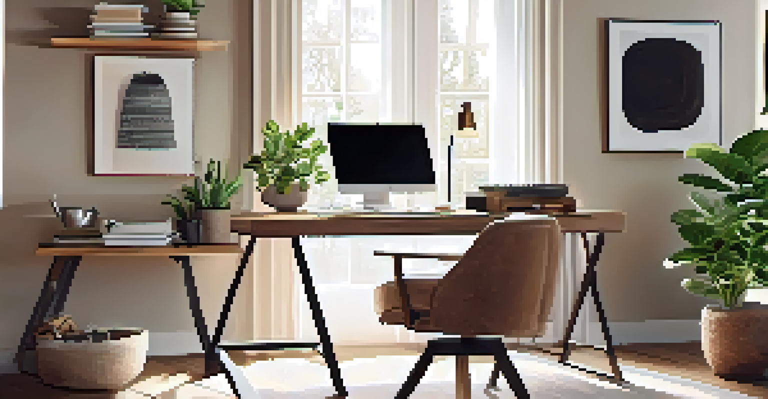 A warm and inviting home office with a wooden desk, laptop, coffee cup, and natural light coming through the window.