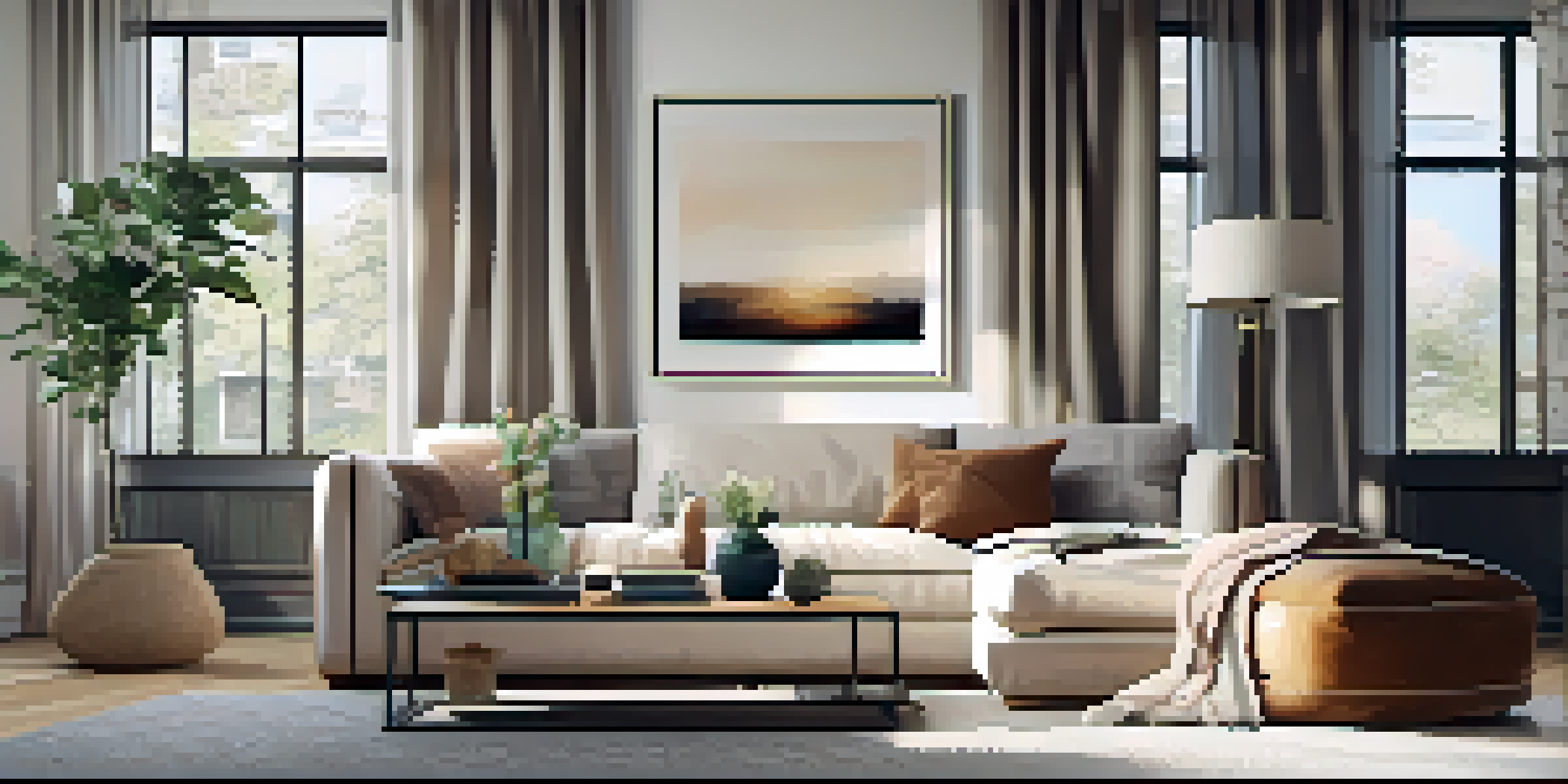 A modern living room with a plush sofa, coffee table, and large window, illuminated by natural light.