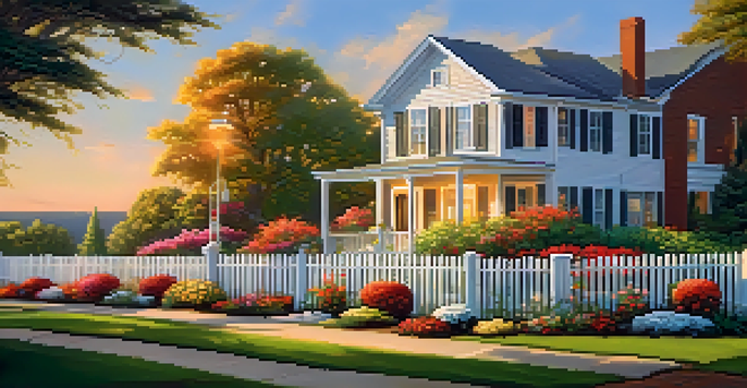 A tranquil view of a rental property with a white picket fence, green lawn, and colorful flowers under a sunset sky.