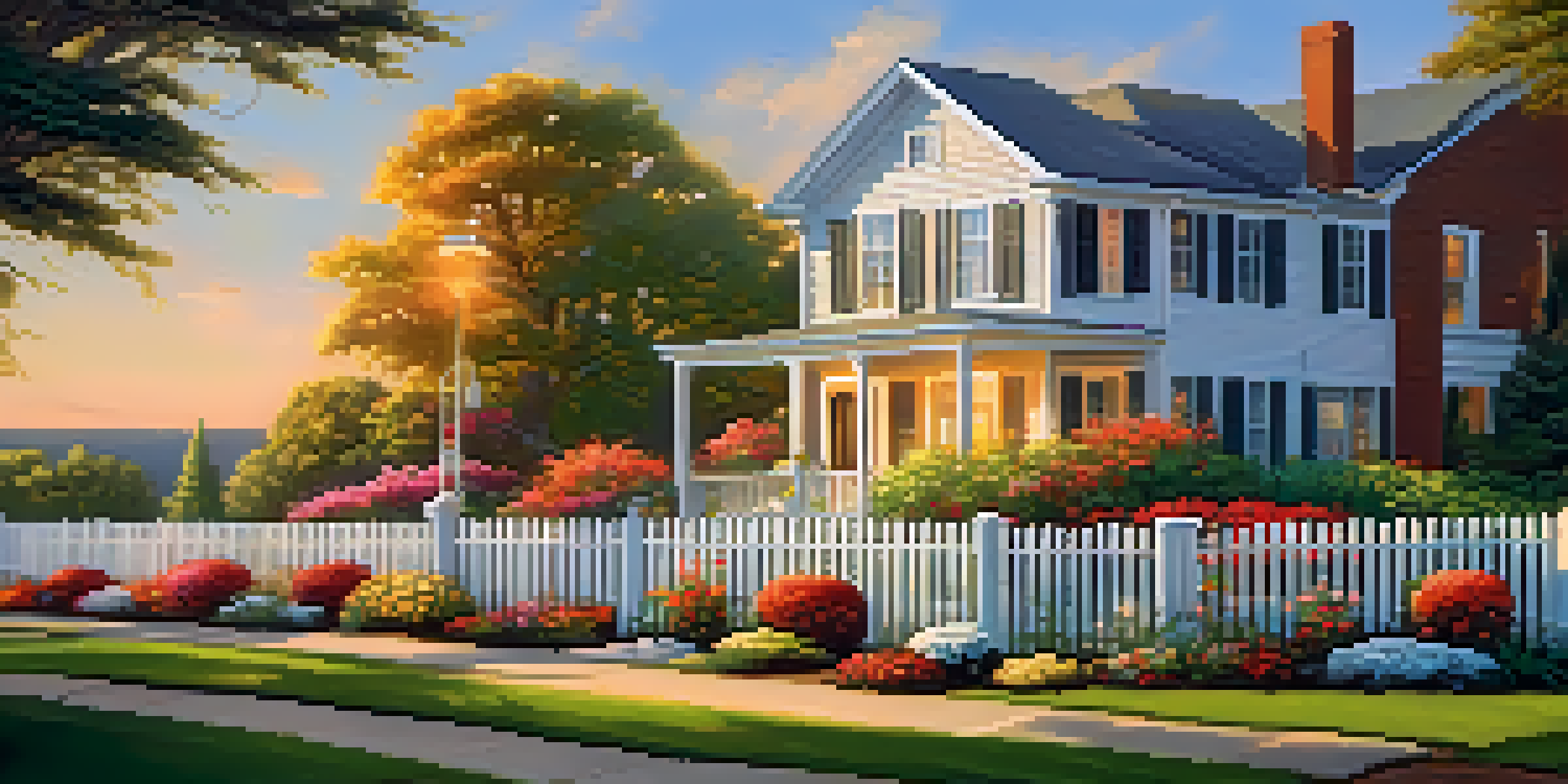 A tranquil view of a rental property with a white picket fence, green lawn, and colorful flowers under a sunset sky.