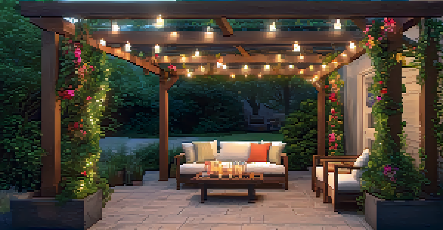 A serene garden patio with comfortable seating, lush greenery, and colorful flowers, featuring a wooden pergola and fairy lights.
