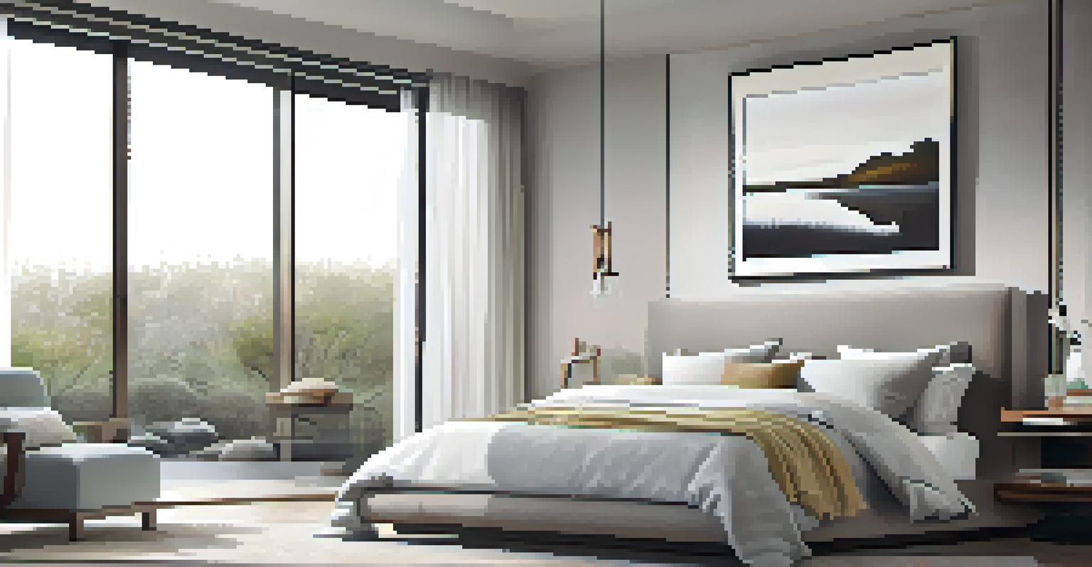 A modern minimalist bedroom with soft gray and white colors, plush bedding, and a landscape painting above the bed.