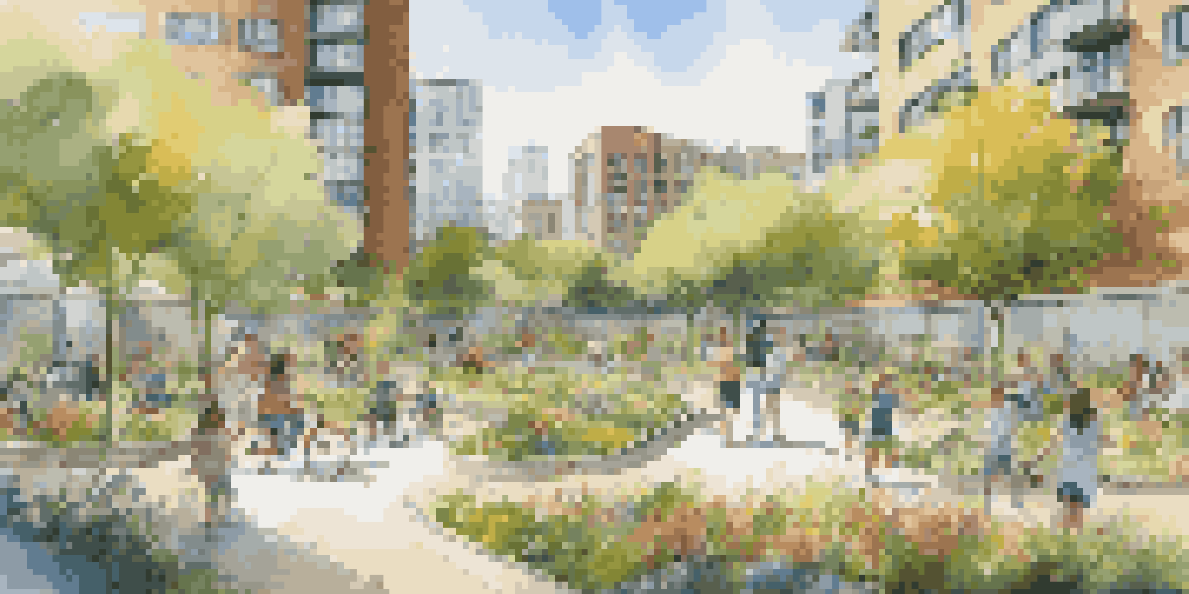 A lively urban park with people engaging in various activities, surrounded by eco-friendly buildings and abundant greenery.