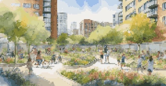 A lively urban park with people engaging in various activities, surrounded by eco-friendly buildings and abundant greenery.