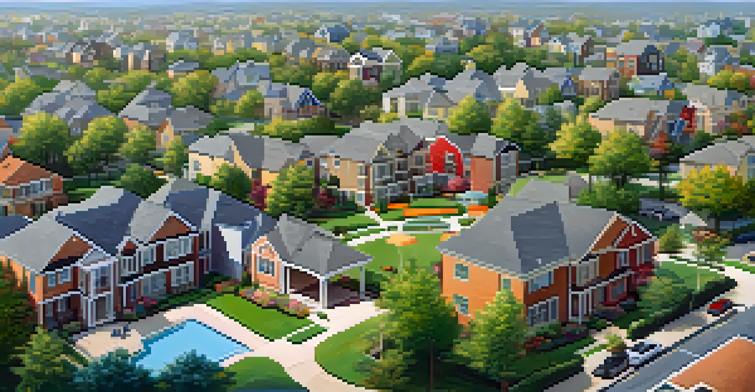 Aerial view of a vibrant residential neighborhood with houses and gardens.