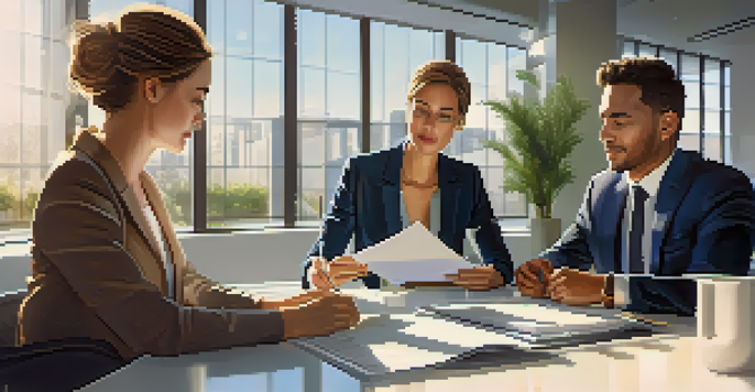 A diverse group of three individuals discussing real estate contracts in a bright modern office with sunlight streaming through large windows.