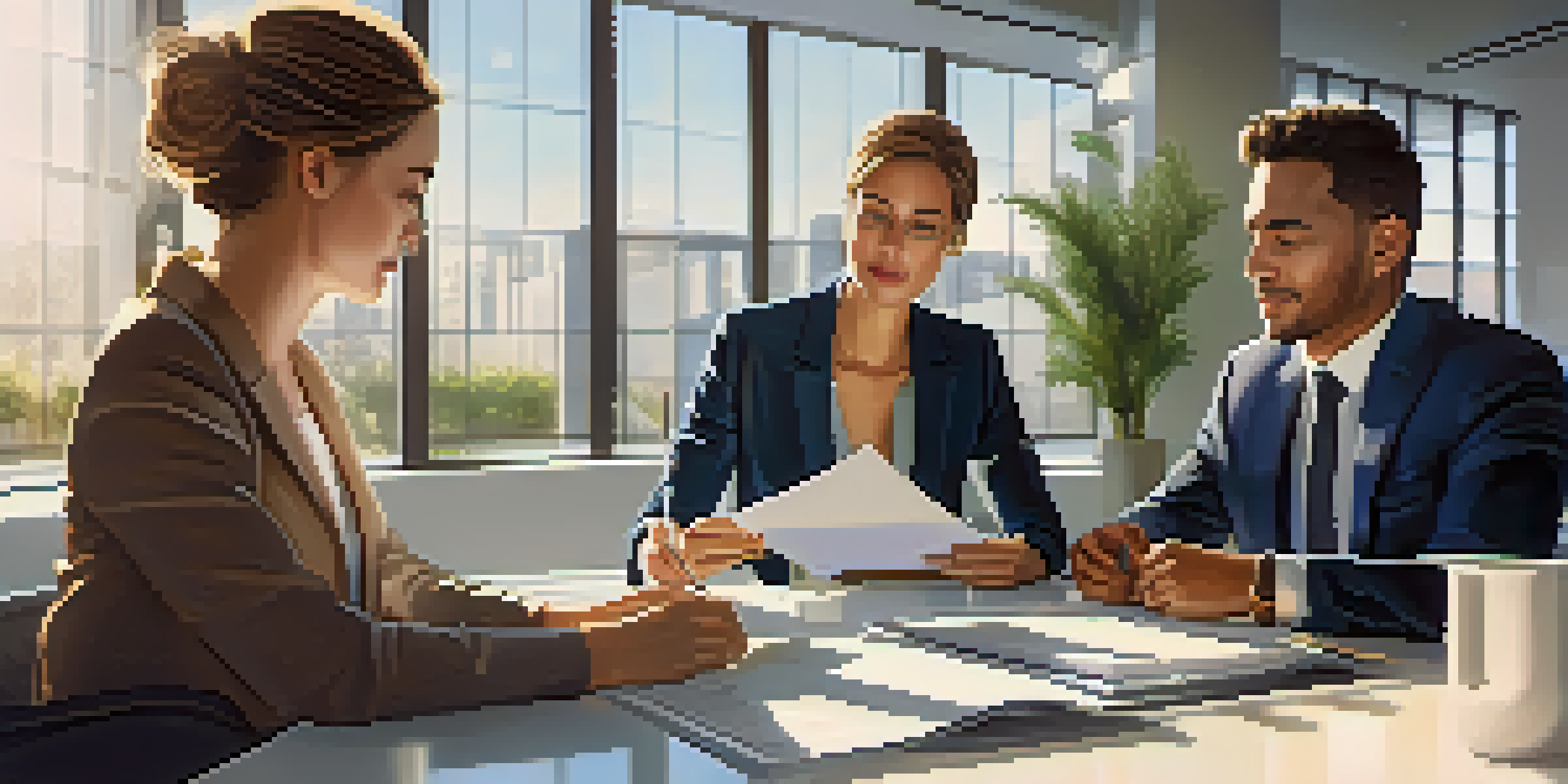 A diverse group of three individuals discussing real estate contracts in a bright modern office with sunlight streaming through large windows.