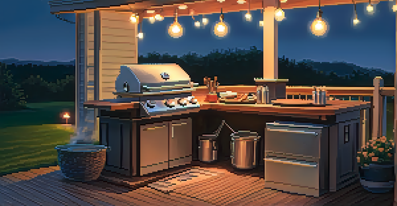 An outdoor grilling setup on a deck with a gas grill and utensils, illuminated by string lights in twilight.