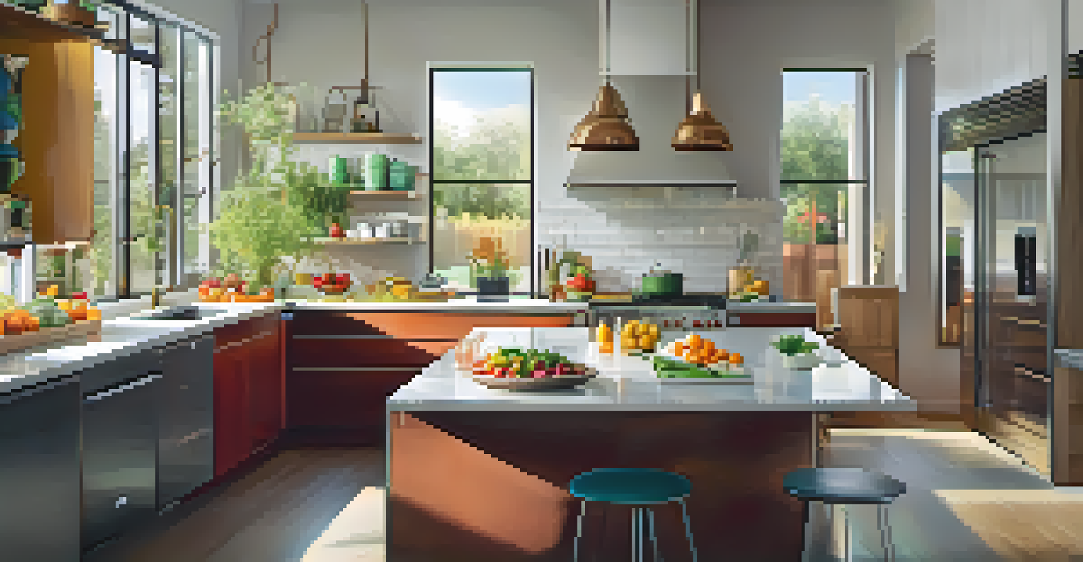 A modern kitchen filled with fresh vegetables and herbs, illuminated by sunlight for a cheerful atmosphere.